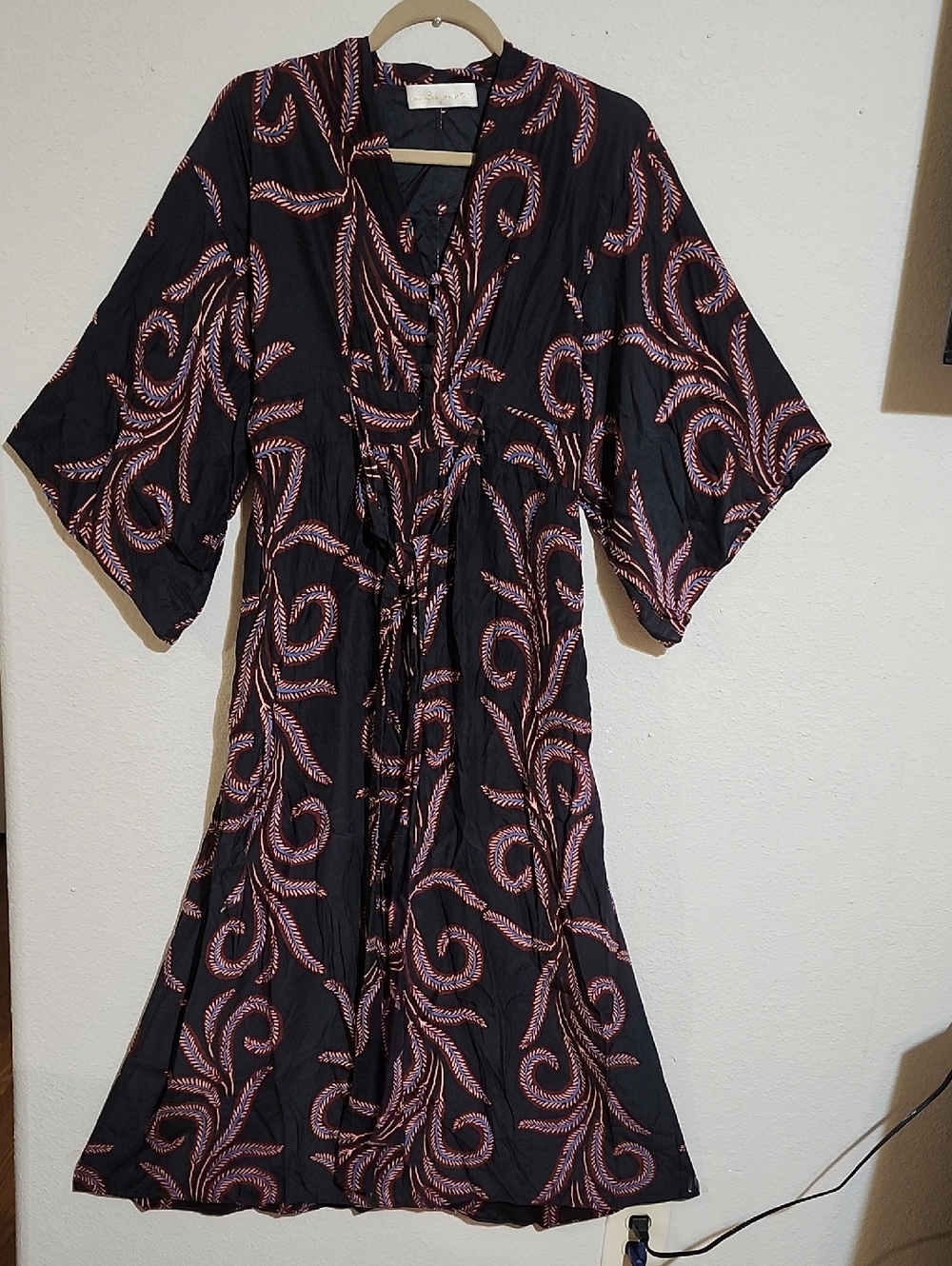 Natalie Martin Black Dress with Dusty Burgundy and Blue Swirl Motif. Size S